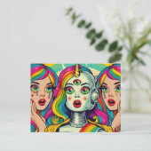 Zwei Frauen und ein Regenbogenrobot Postkarte (Stehend Vorderseite)