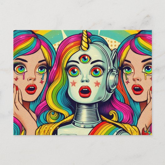 Zwei Frauen und ein Regenbogenrobot Postkarte (Vorderseite)