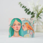 Zwei Frauen und ein Vogel Postkarte (Stehend Vorderseite)