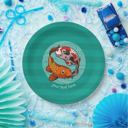 Zwei freundlicher Koi Carp Cartoon mit Text Pappteller (Party)