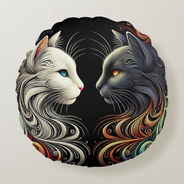 Zwei gegensätzliche Cat Faces mit lebendigen Wirbe Rundes Kissen (Vorderseite)