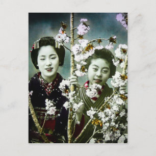 Zwei Geisha Vintag Japan in Blüten Japanisch Postkarte