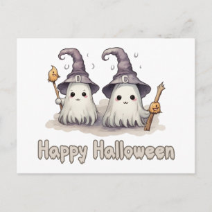 Zwei Geister Hexenhüte Gruselig Frohes Halloween Feiertagspostkarte