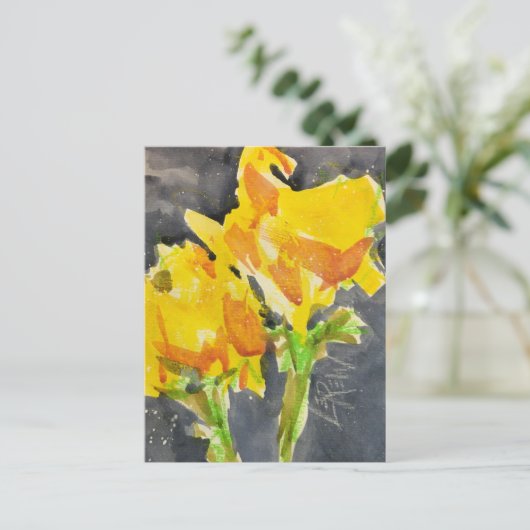 Zwei gelbe Blumen Crayon Resist Malerei #241101 Postkarte (Stehend Vorderseite)