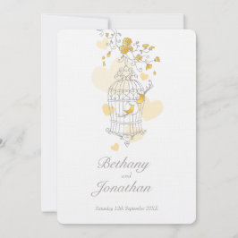 Zwei gelbe Vögel öffnen Vogelkäfig Hochzeit Einladung