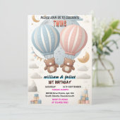 Zwei gemeinsame Bär Hot Air Ballon Twins 1. Geburt Einladung (Stehend Vorderseite)