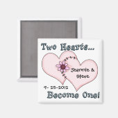 Zwei gesägte Herzen speichern das Datumsfenster Magnet (Vorderseite/Rückseite)