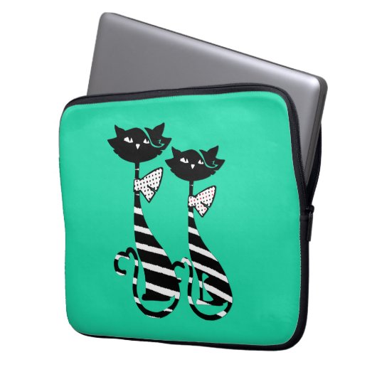 Zwei gestreifte schwarz-weiße Silhouette Katzen gr Laptopschutzhülle (Vorderseite Links)