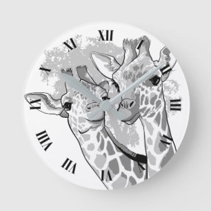 Zwei Giraffen in Schwarzweiß Runde Wanduhr