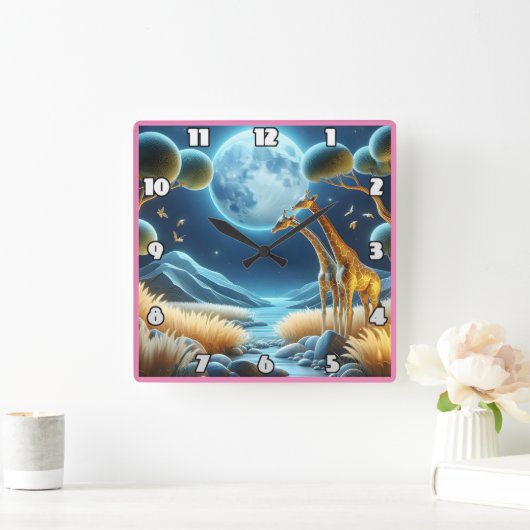 Zwei Giraffen unter dem glühenden Mond in Afrika Quadratische Wanduhr (Zuhause)