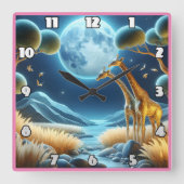 Zwei Giraffen unter dem glühenden Mond in Afrika Quadratische Wanduhr (Vorderseite)