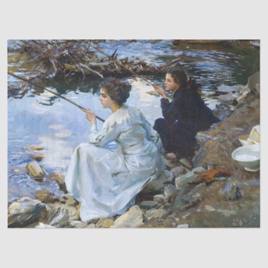 Zwei Girls Fischen von John Singer Sargent Seidenpapier (Vorderseite)