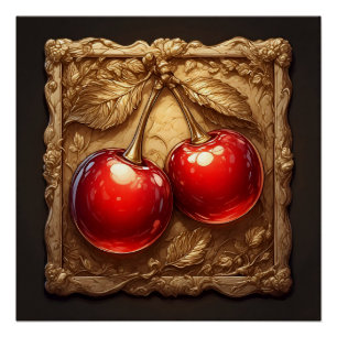 Zwei glänzende rote Kirschen mit goldenen Blättern Poster