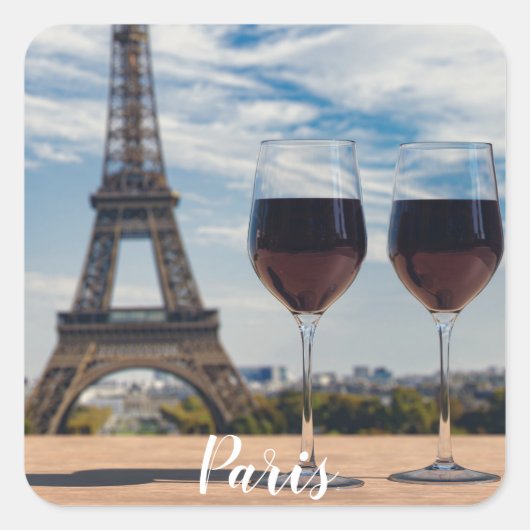Zwei Glas Wein mit Eiffelturm Quadratischer Aufkleber (Vorderseite)