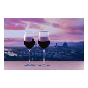 Zwei Gläser Rotwein auf der Silhouette von Florenz Fotodruck