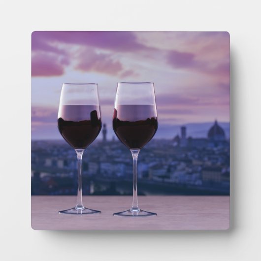 Zwei Gläser Rotwein auf der Silhouette von Florenz Fotoplatte (Vorderseite)