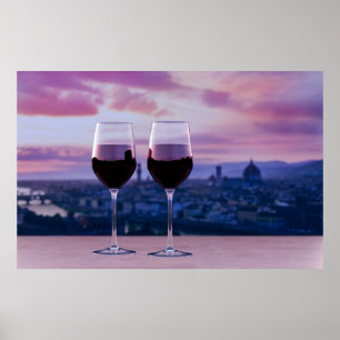 Zwei Gläser Rotwein auf der Silhouette von Florenz Poster