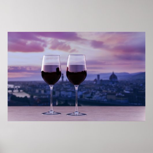 Zwei Gläser Rotwein auf der Silhouette von Florenz Poster (Vorne)