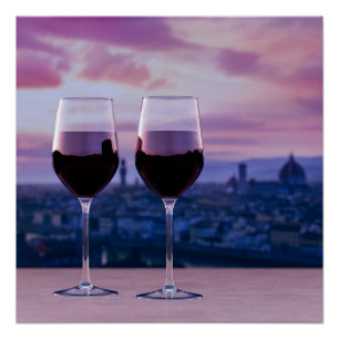 Zwei Gläser Rotwein auf der Silhouette von Florenz Poster