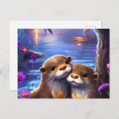 Zwei glückliche Baby Otters, die in glühendem blau Postkarte (Vorne/Hinten)