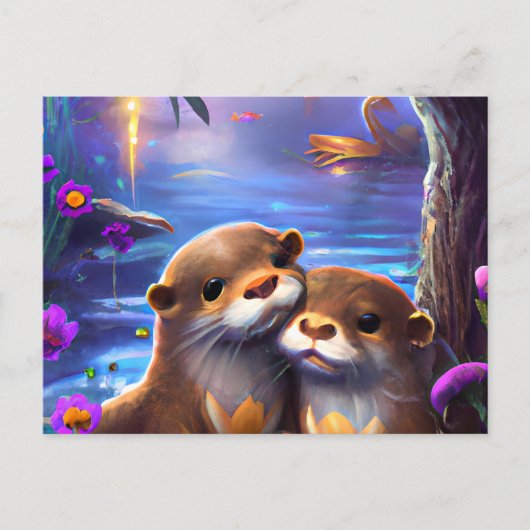 Zwei glückliche Baby Otters, die in glühendem blau Postkarte (Vorderseite)