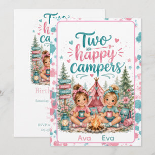 Zwei glückliche Camper Zwilling Mädchen Geburtstag Einladung