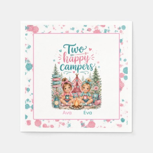 Zwei glückliche Camper Zwilling Mädchen Geburtstag Serviette (Vorderseite)