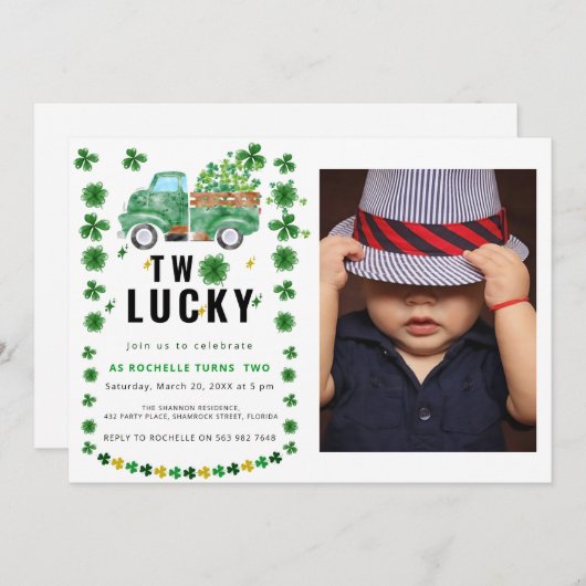 Zwei glückliche Kleeblatt Geburtstagsparty Einladu Einladung (Vorne/Hinten)