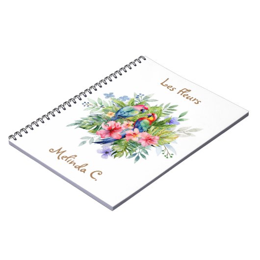 Zwei glückliche Macaws mit einem Notebook mit trop Notizblock (Linke Seite)