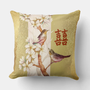 Zwei glückliche Vögel und Blüten Kissen