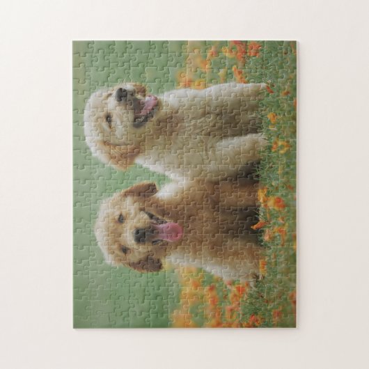 Zwei Golden Retriever Welpen in Blume Puzzle (Vertikal)