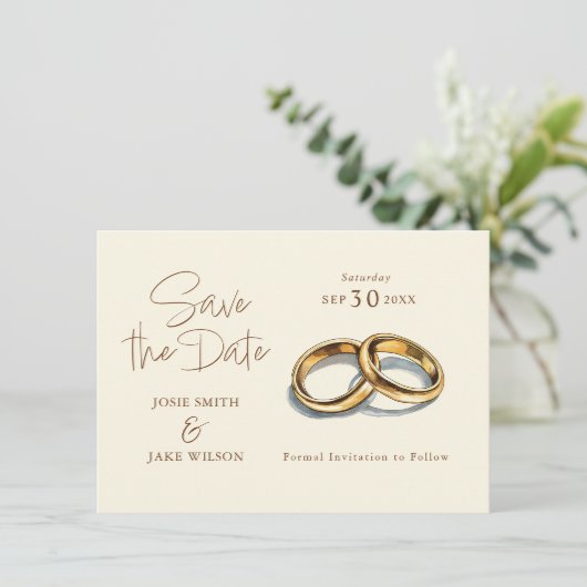 Zwei goldene Hochzeitsringe Save the Date (Stehend Vorderseite)