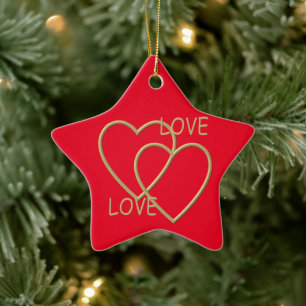 Zwei goldene liebende Herzen Keramik Ornament