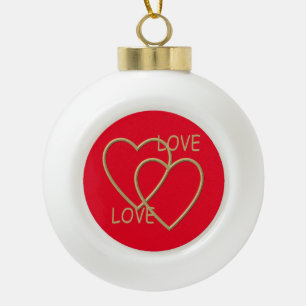 Zwei goldene Liebesherzen Keramik Kugel-Ornament