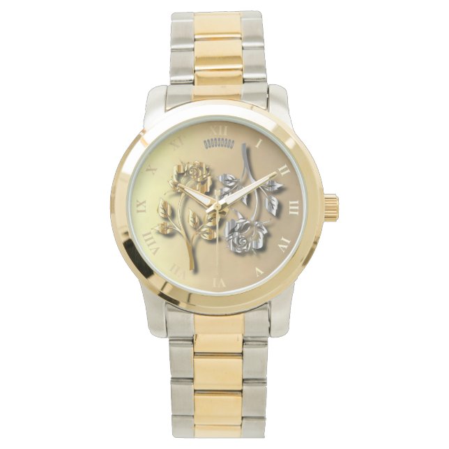 Zwei goldene und silberne Rose mit Schatten Armbanduhr (Vorderseite)