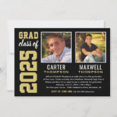 Zwei Graduate Black Gold Graduation Party Foto Einladung (Vorderseite)