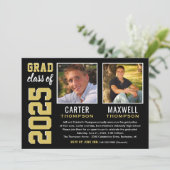 Zwei Graduate Black Gold Graduation Party Foto Einladung (Stehend Vorderseite)
