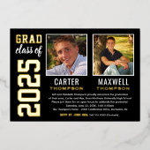 Zwei Graduate Black Gold Graduation Party Foto Folieneinladung (Vorderseite)