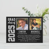 Zwei Graduate Black Gray Graduation Party Foto Einladung (Stehend Vorderseite)
