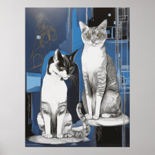Zwei graue Katzen im Abstrakten Hintergrund Poster