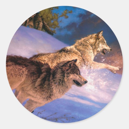 Zwei graue Wolfe im Winter Runder Aufkleber (Vorderseite)