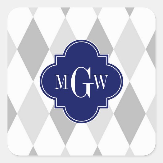 Zwei Gray Wht Harlequin Marine 3 Initial Monogram Quadratischer Aufkleber (Vorderseite)