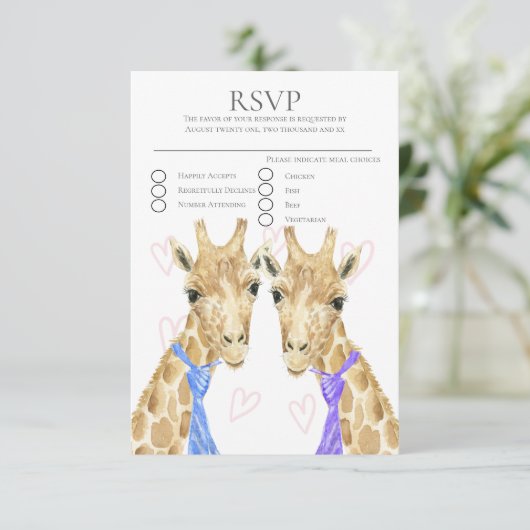 Zwei Groom Giraffe Gay Wedding RSVP (Stehend Vorderseite)