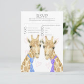 Zwei Groom Giraffe Gay Wedding RSVP Karte (Stehend Vorderseite)