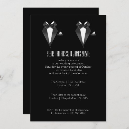 Zwei Grooms Bow Krawatte Tuxedo Hochzeit Einladung (Vorne/Hinten)