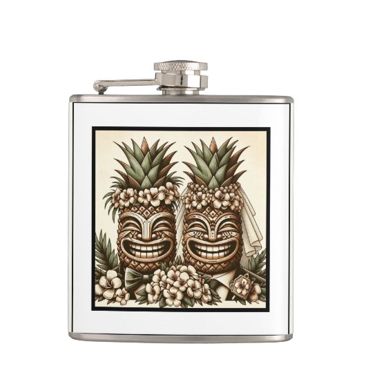 Zwei Grooms Gay Pineaple Tiki Head Retro Hochzeit Flachmann (Vorderseite)