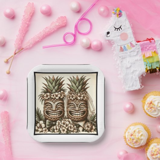 Zwei Grooms Gay Pineaple Tiki Head Retro Hochzeit Pappteller (Party)