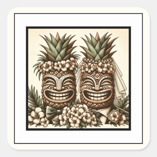 Zwei Grooms Gay Pineaple Tiki Head Retro Hochzeit Quadratischer Aufkleber (Vorderseite)