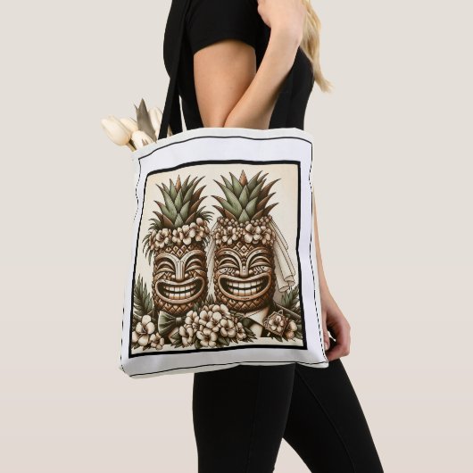 Zwei Grooms Gay Pineaple Tiki Head Retro Hochzeit Tasche (Von Nahem)