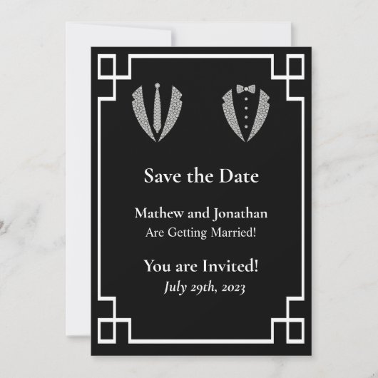 Zwei Grooms Gay Tuxedo Save the Date Card Einladung (Vorderseite)